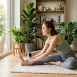 Pessoa alongando o corpo em casa, promovendo relaxamento, energia positiva e bem-estar