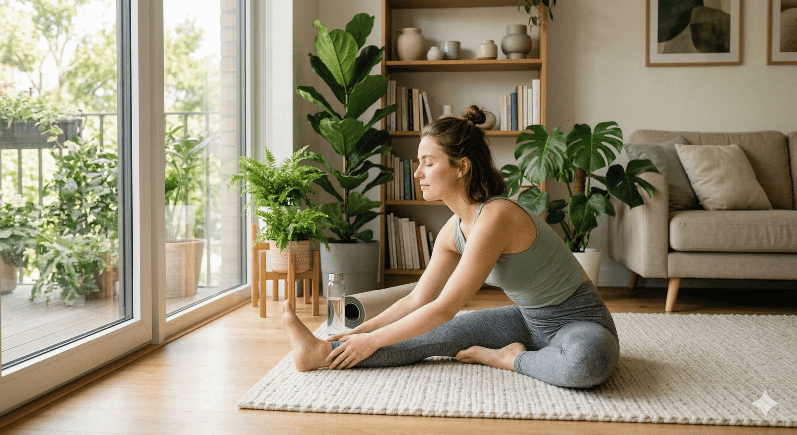Pessoa alongando o corpo em casa, promovendo relaxamento, energia positiva e bem-estar