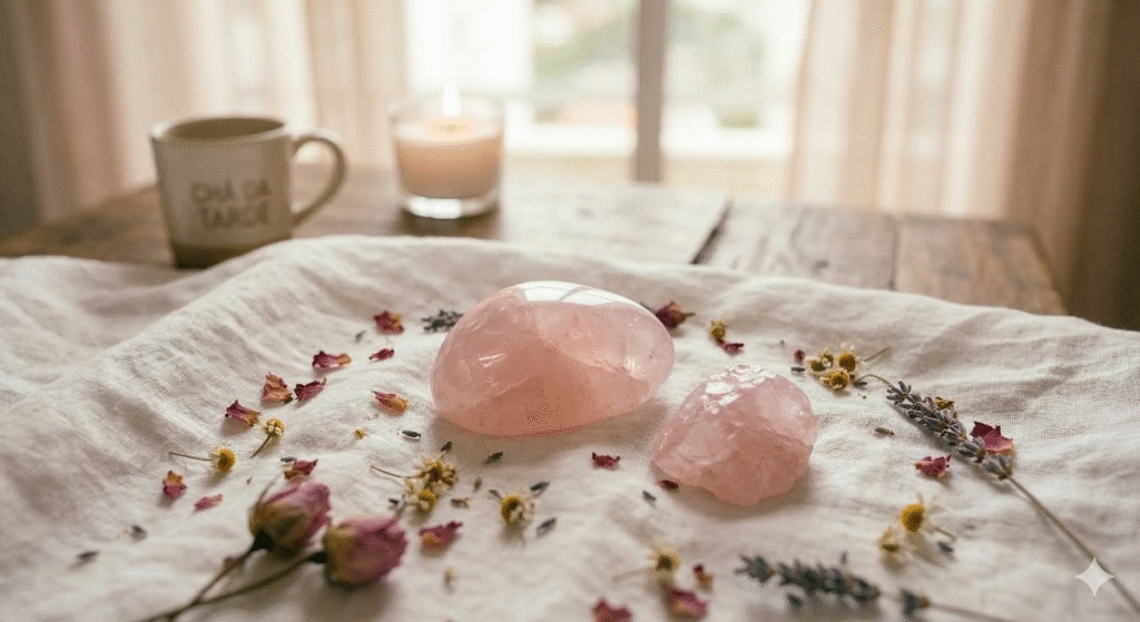 dois cristais de quartzo rosa sobre linho branco com flores secas ao redor representando amor autoestima e cura emocional