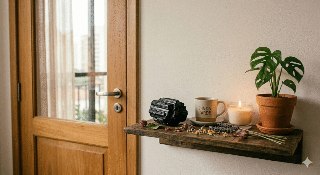 cristal de turmalina negra posicionado na entrada de casa sobre prateleira de madeira com planta verde ao lado para proteção energética