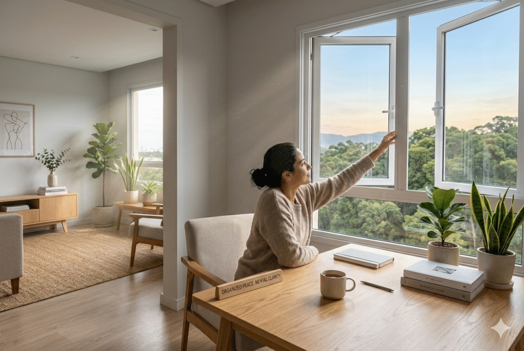 ritual para começar o dia profissional organizando o ambiente com luz natural pela manhã