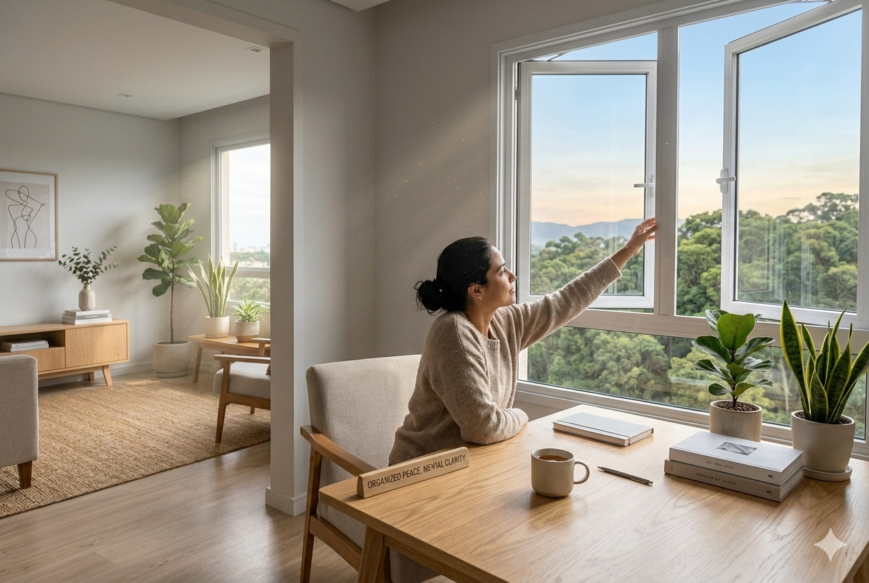 ritual para começar o dia profissional organizando o ambiente com luz natural pela manhã