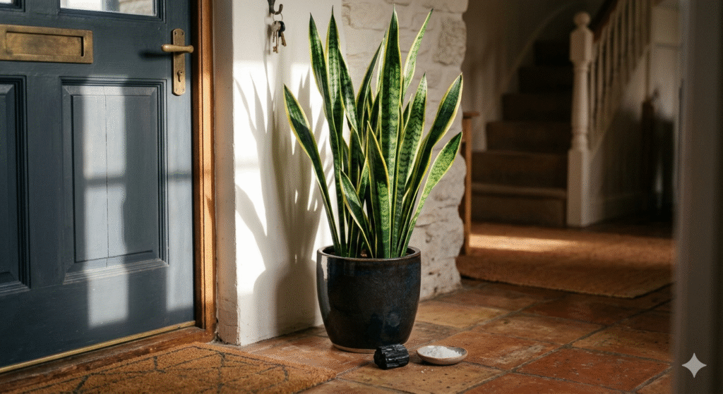 espada de são jorge alta e saudável em vaso de cerâmica escura ao lado de porta de entrada com turmalina negra e sal grosso representando proteção energética e sorte para o lar