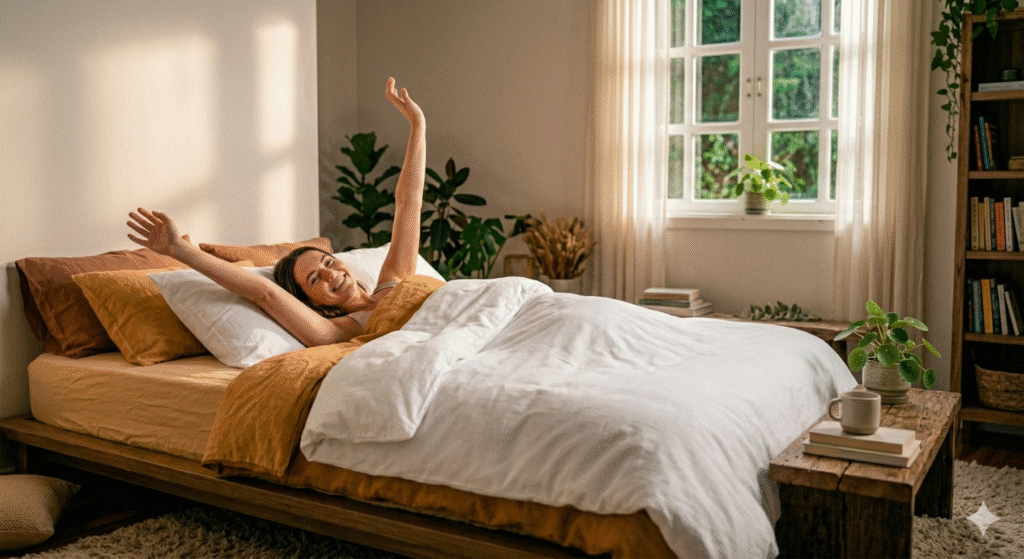 pessoa acordando sorrindo pela manhã com luz natural após aplicar o método 10-3-2-1 e dormir bem