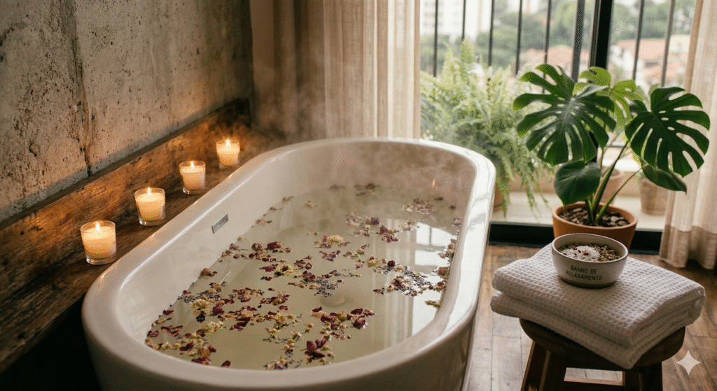 banheira com água morna flores secas e velas acesas criando ambiente de relaxamento e autocuidado em casa