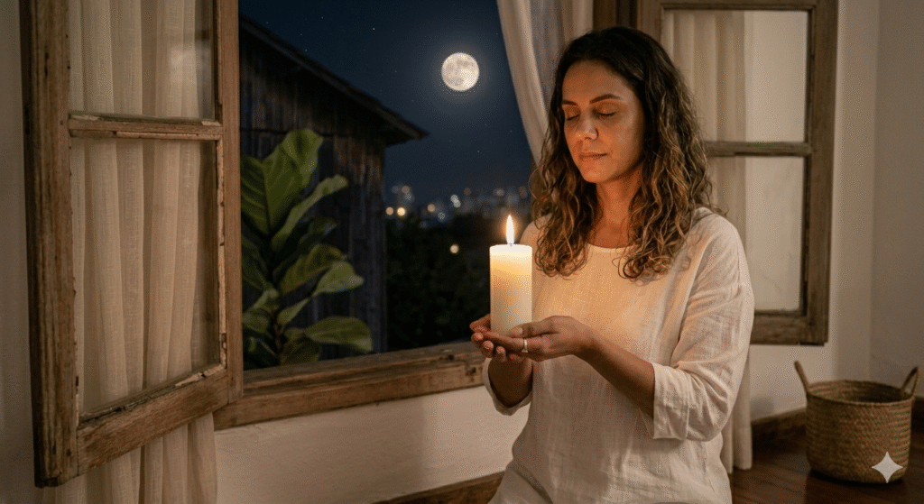 mulher brasileira de vestido branco segurando vela acesa perto da janela durante ritual de lua nova para renovação energética