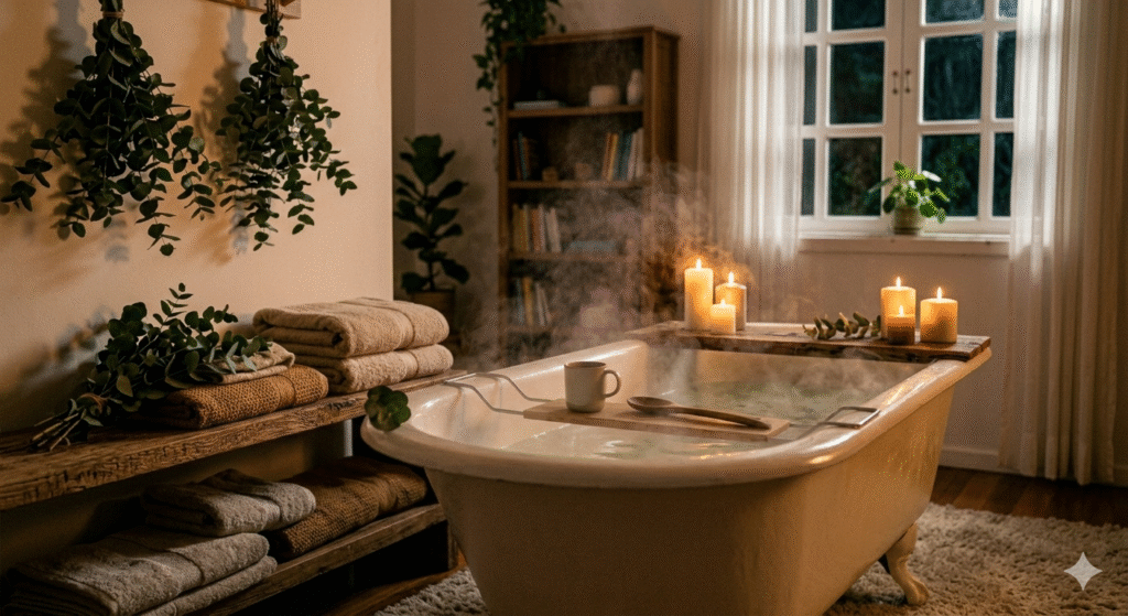 banheira com velas e vapor representando banho morno como ritual de relaxamento antes de dormir