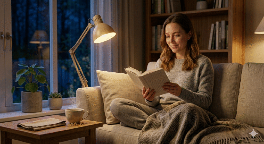 mulher lendo livro físico com chá de ervas substituindo o uso de telas uma hora antes de dormir