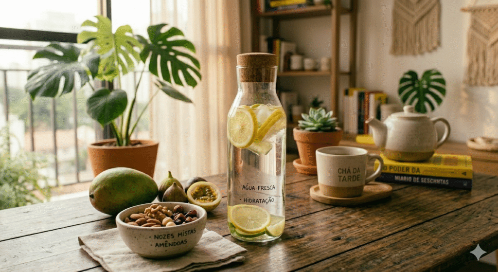 mesa de trabalho com garrafa de água limão castanhas e fruta fresca representando hidratação e alimentação saudável para ter mais energia no trabalho