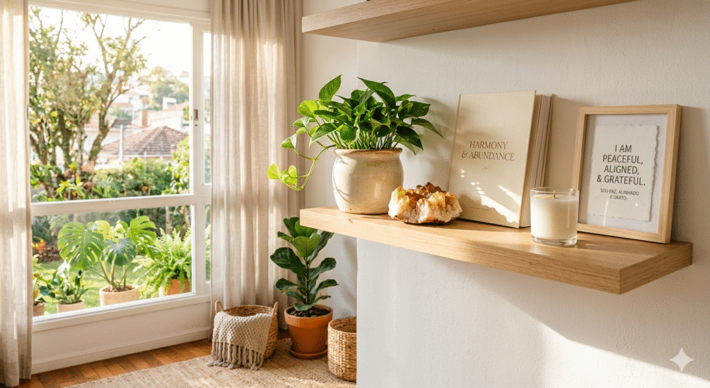 sala de estar organizada com cristal citrino planta verde vela branca livro aberto e afirmação emoldurada banhada por luz natural representando ambiente alinhado como parte essencial da prática da lei da atração