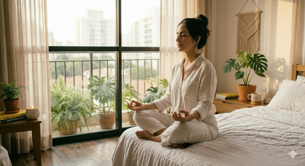 mulher acordando com presença sem celular sentada na beira da cama com luz da manhã representando início intencional do dia de trabalho
