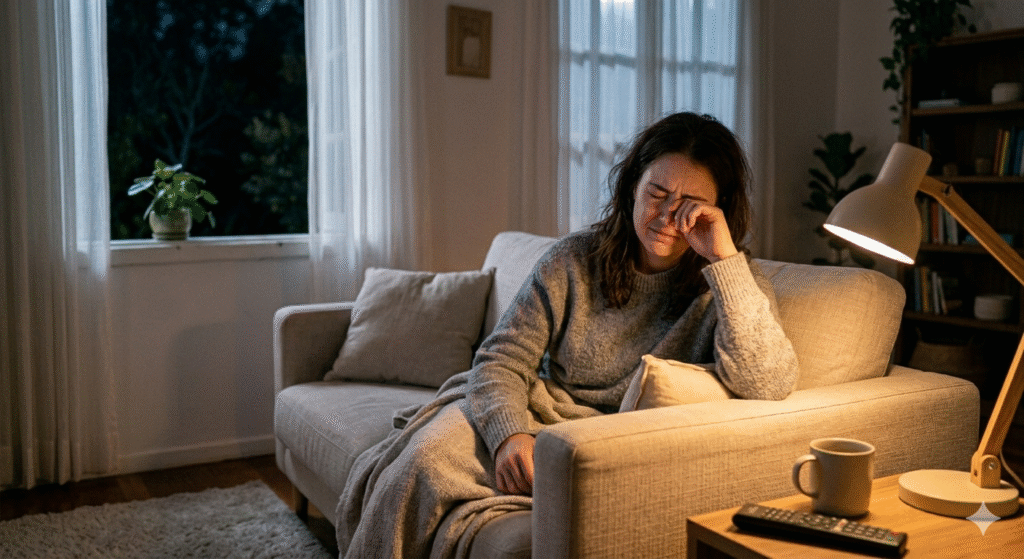 mulher cansada no sofá à noite representando falta de qualidade no sono