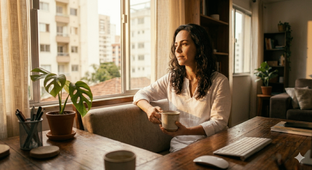 mulher brasileira sentada junto a janela aberta olhando para fora com expressão tranquila e clara com luz dourada e árvores verdes ao fundo representando a libertação do overthinking e o retorno ao estado de clareza mental e equilíbrio