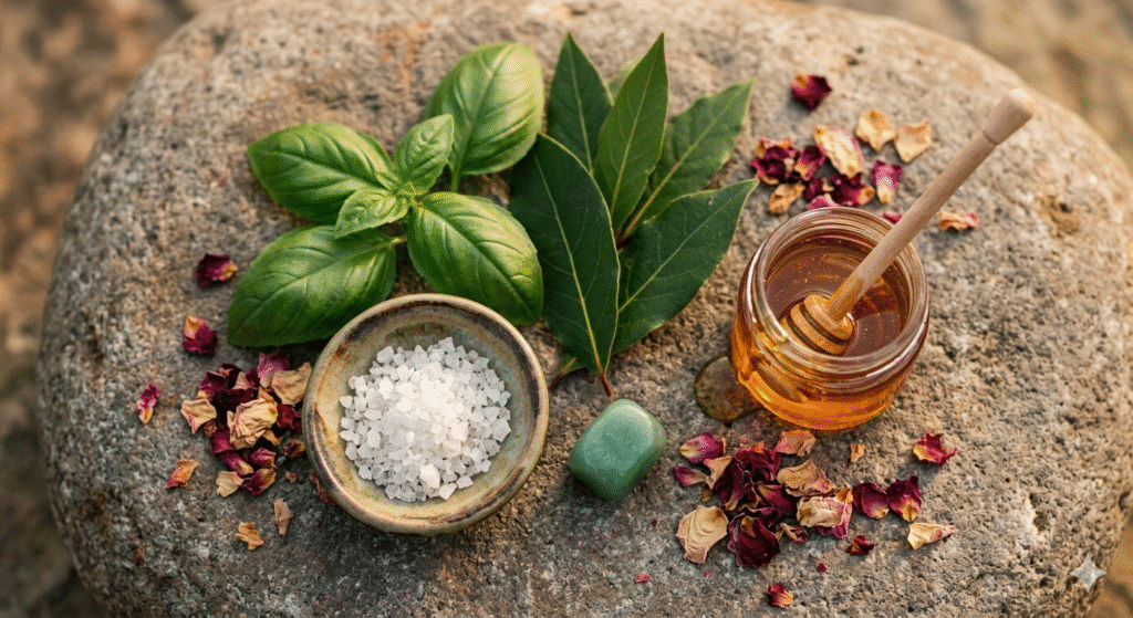 flat lay com folhas de manjericão louro sal grosso cristal aventurina verde pétalas de rosa e mel representando ingredientes do banho de lua para signos de terra touro virgem e capricórnio