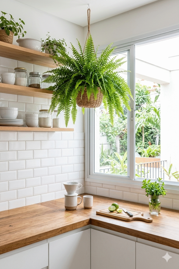 samambaia exuberante pendurada em cozinha clara com azulejos brancos e bancada de madeira