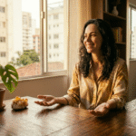 mulher brasileira elegante sentada em mesa organizada com cristal citrino e planta verde banhada por luz dourada representando como atrair dinheiro com a mente através de mentalidade de abundância e alinhamento energético