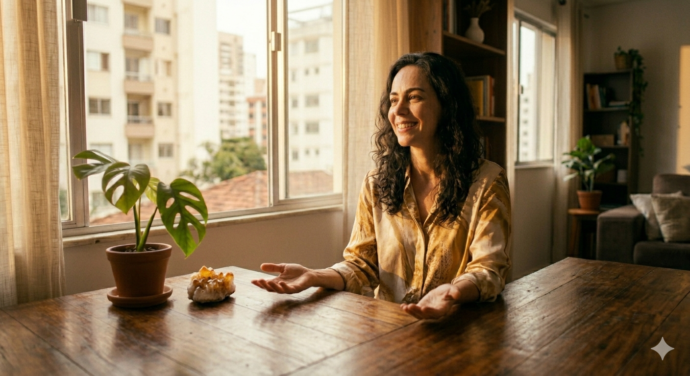 mulher brasileira elegante sentada em mesa organizada com cristal citrino e planta verde banhada por luz dourada representando como atrair dinheiro com a mente através de mentalidade de abundância e alinhamento energético