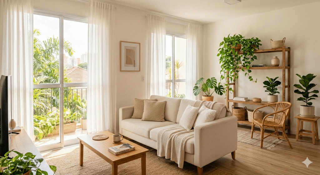 sala de apartamento aconchegante com jiboia em vaso de barro e luz natural