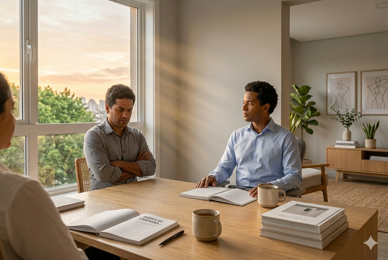 Equipe em reunião enquanto um profissional mantém postura calma ao lidar com pessoa negativa no trabalho.