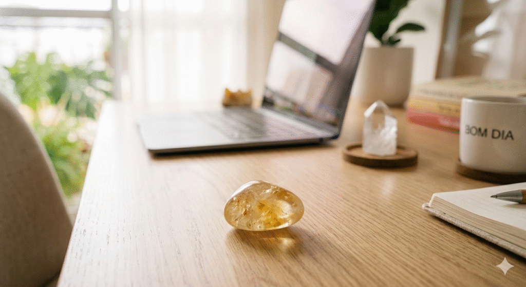 citrino natural sobre mesa de madeira clara com teclado desfocado ao fundo para produtividade no home office