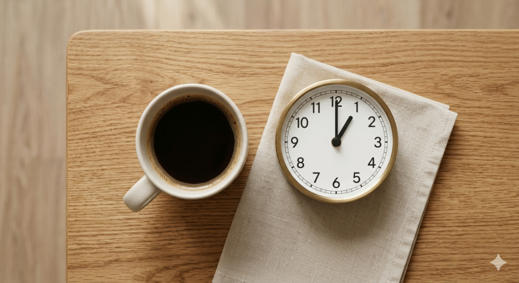 xícara de café ao lado de relógio indicando o horário limite de cafeína antes de dormir