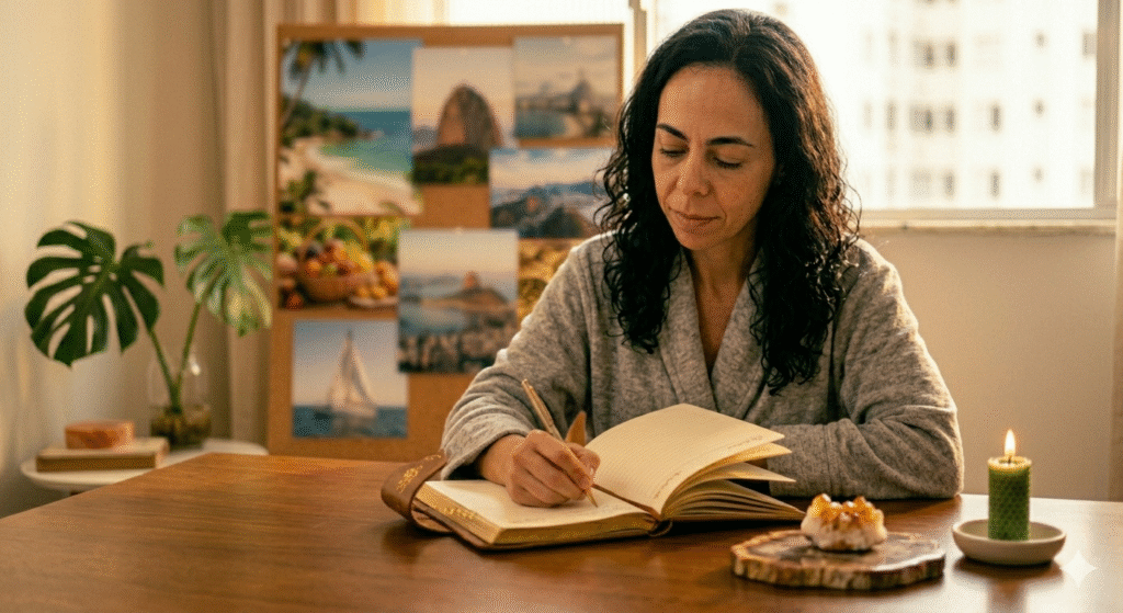 mulher brasileira escrevendo com intenção em diário com cristal citrino e vela verde acesa sobre mesa de madeira com luz da manhã representando técnica 33x3 e diário de manifestação como ferramentas poderosas para atrair dinheiro com a mente