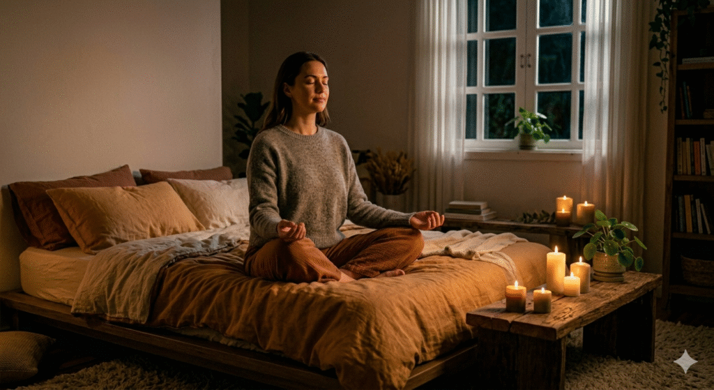 pessoa meditando na cama com luz de vela praticando respiração consciente antes de dormir