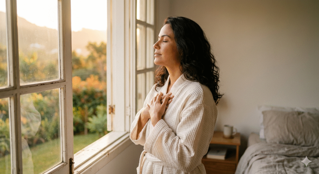 mulher brasileira de robe branco junto a janela aberta com luz do amanhecer mãos no coração e expressão serena e intencional representando o ritual matinal de frases com intenção como prática poderosa para programar a mente antes de começar o dia