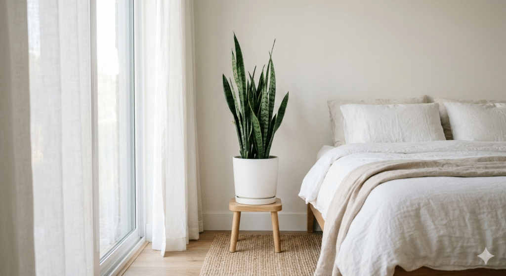 espada-de-são-jorge em vaso branco no canto de quarto minimalista com luz suave