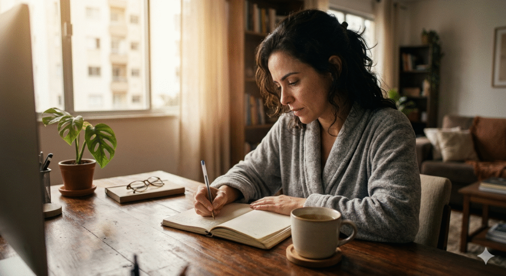 mulher brasileira escrevendo com intensidade em diário aberto sobre mesa de madeira com chá ao lado e luz da manhã representando a técnica de colocar os pensamentos no papel para aliviar o overthinking e liberar a mente