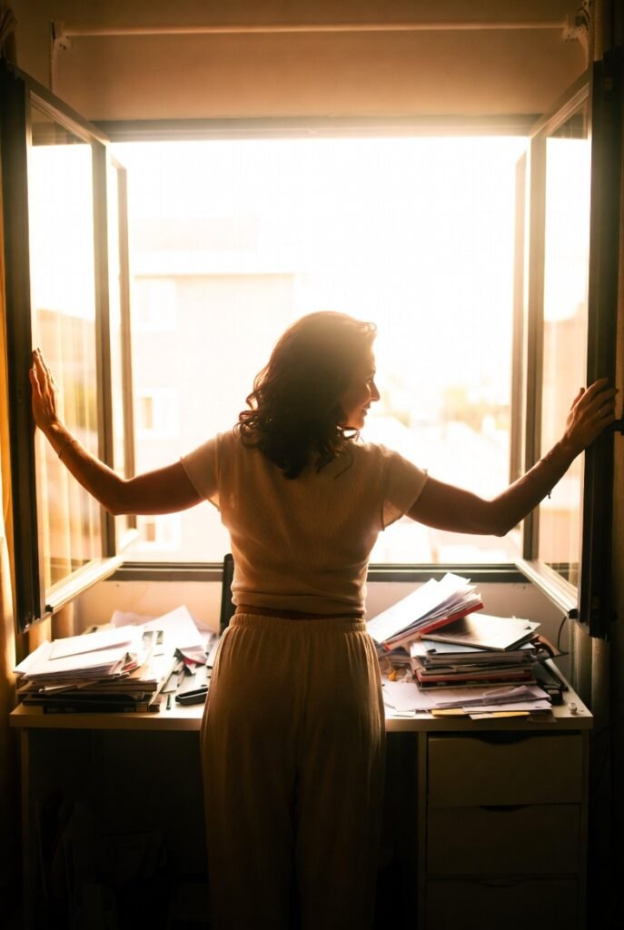 mulher brasileira organizando mesa bagunçada e abrindo janela com expressão focada e propositiva com luz natural entrando representando como organizar o ambiente e ventilar o espaço alivia a ansiedade ao reduzir a sobrecarga silenciosa do sistema nervoso