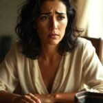 mulher brasileira sentada à mesa com expressão preocupada olhando para contas e carteira vazia representando os hábitos que bloqueiam a riqueza e a sensação de que o dinheiro nunca é suficiente mesmo trabalhando muito