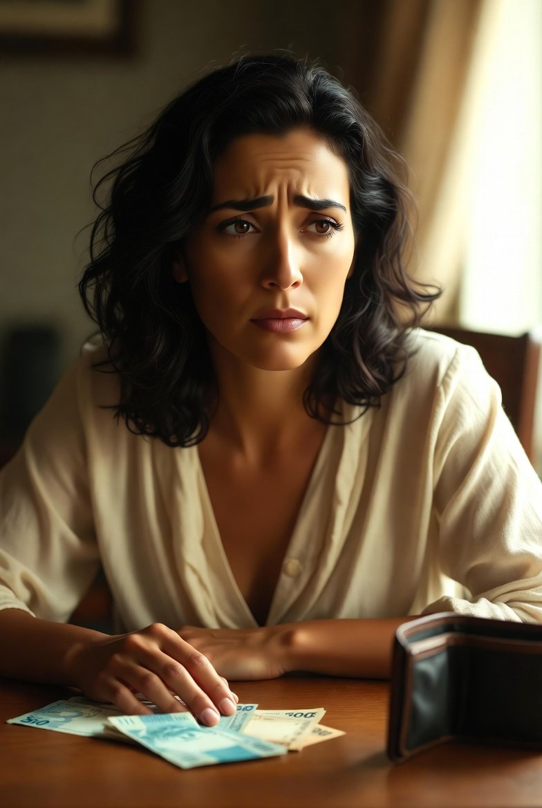 mulher brasileira sentada à mesa com expressão preocupada olhando para contas e carteira vazia representando os hábitos que bloqueiam a riqueza e a sensação de que o dinheiro nunca é suficiente mesmo trabalhando muito