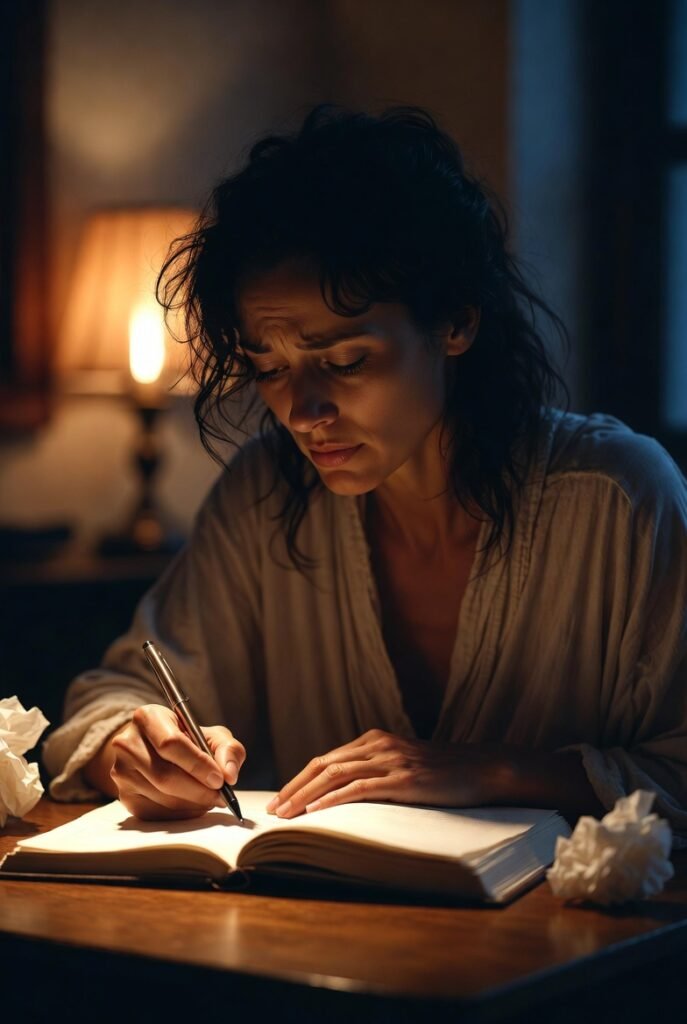 mulher brasileira de roupão escrevendo com intensidade em diário com expressão de descarga emocional e papéis ao lado representando a técnica de colocar os pensamentos ansiosos no papel para reduzir o cortisol aliviar a sobrecarga mental e reorganizar o que está incomodando