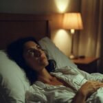 mulher brasileira deitada na cama de pijama branco com olhos abertos olhando para o teto com expressão de quem não consegue dormir representando a dificuldade de pegar no sono e a busca por técnicas para dormir rápido