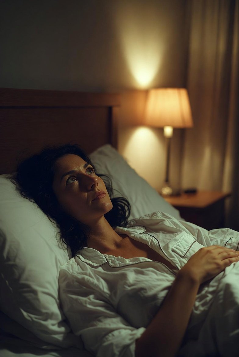 mulher brasileira deitada na cama de pijama branco com olhos abertos olhando para o teto com expressão de quem não consegue dormir representando a dificuldade de pegar no sono e a busca por técnicas para dormir rápido