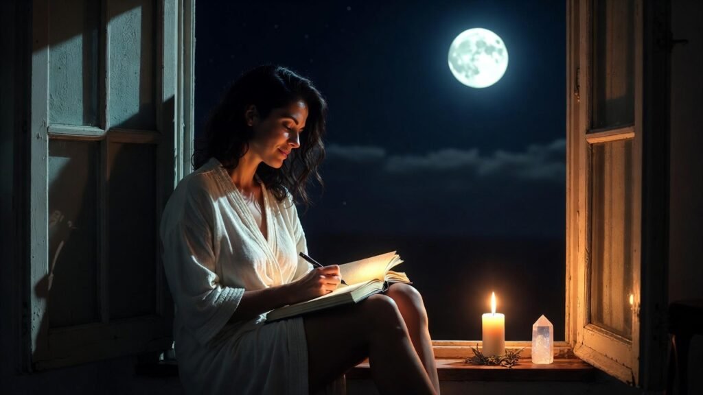 mulher escrevendo no diário com luz da lua cheia e vela branca acesa cristal e ervas no peitoril representando reflexão e integração após o banho de lua personalizado para cada signo