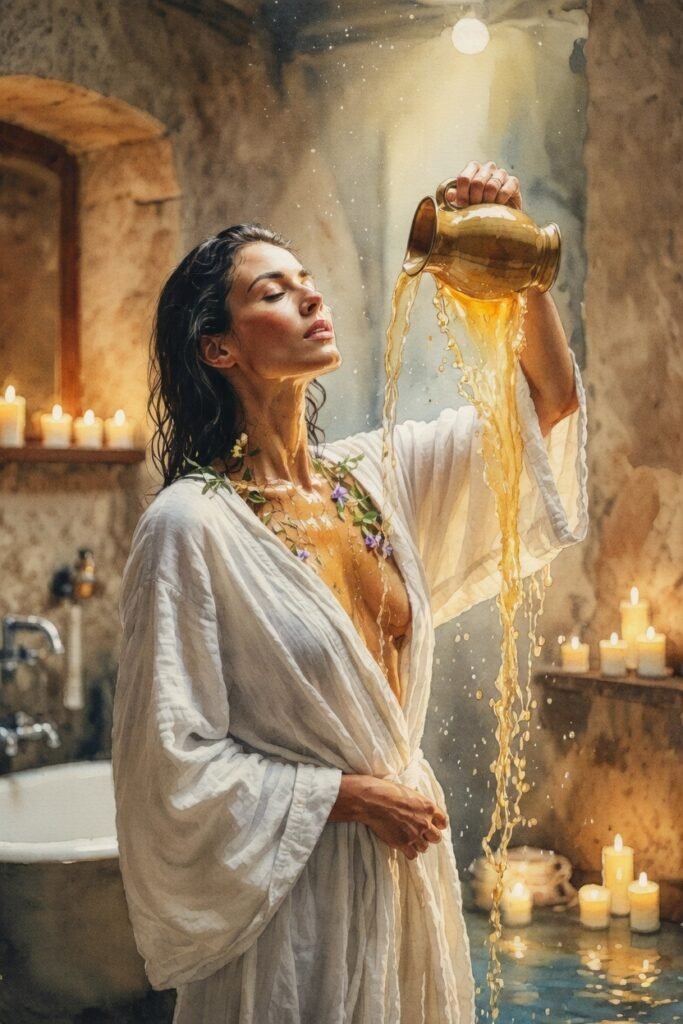 mulher derramando infusão dourada de ervas sobre o pescoço e ombros com pétalas fluindo e expressão de entrega representando como fazer o banho de lua personalizado para cada signo do zodíaco