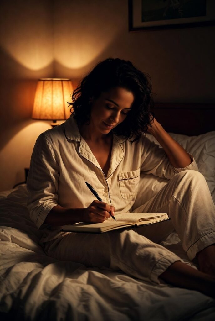 mulher brasileira sentada na cama de pijama com caderno no colo escrevendo à luz do abajur com expressão de alívio mental representando a técnica de escrever os pensamentos antes de dormir para esvaziar a mente e sinalizar ao cérebro que pode descansar