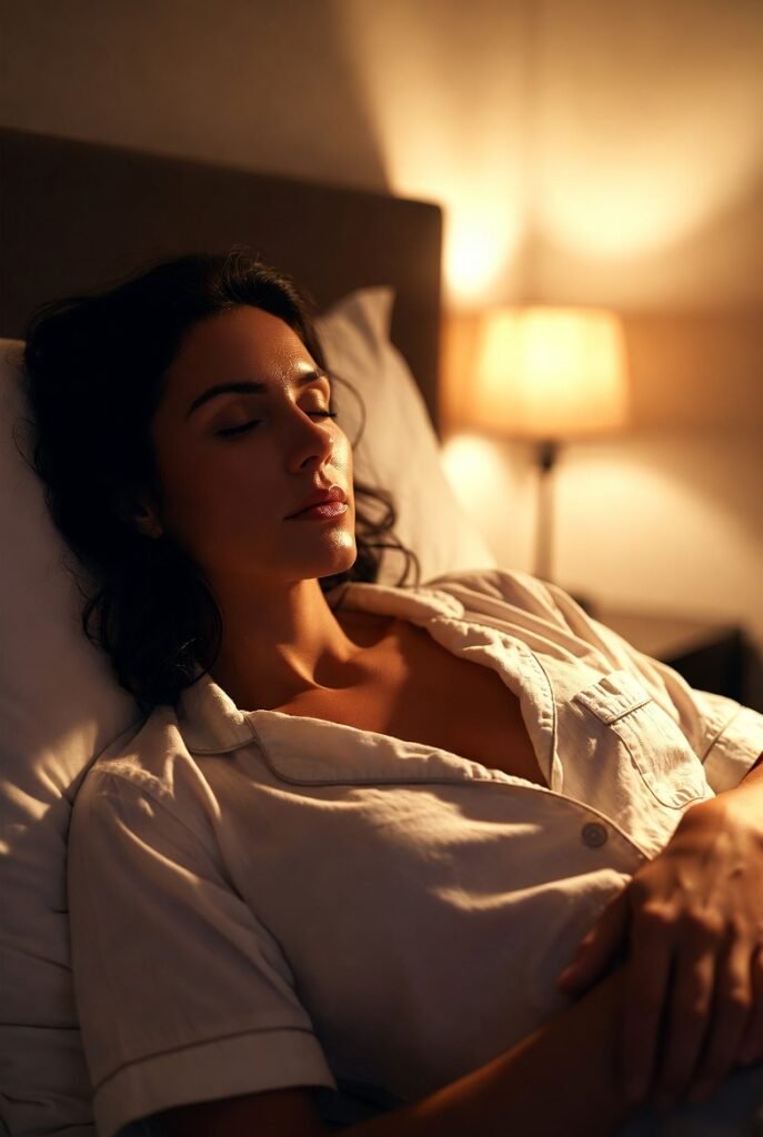 Como Dormir rápido, mulher brasileira deitada na cama com olhos fechados e mão no ventre praticando respiração profunda com expressão de relaxamento progressivo representando a técnica de respiração 4-7-8 para ativar o sistema nervoso parassimpático e dormir rápido