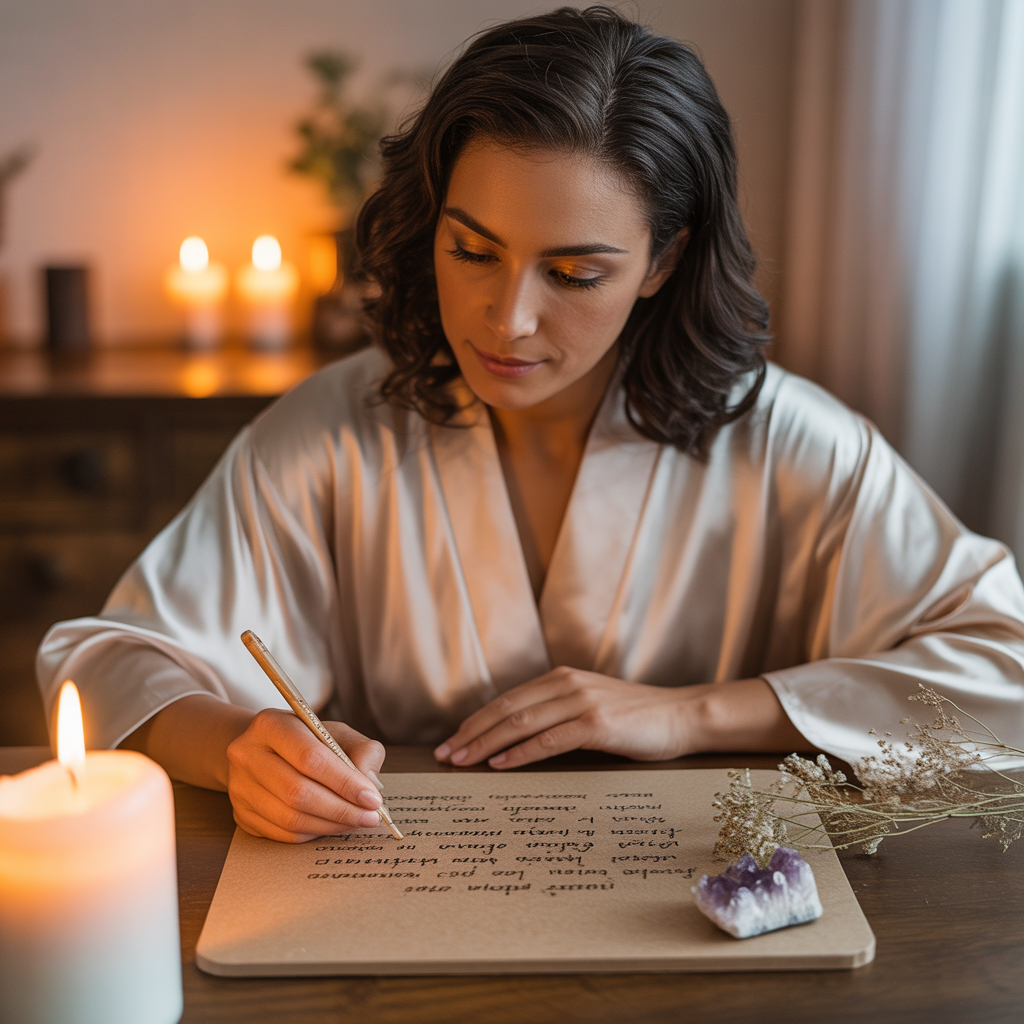 mulher brasileira escrevendo afirmações com cuidado em papel kraft ao lado de vela branca flores secas e cristal bruto representando o processo de criação do mural de intenções como ritual sagrado de intenção e autoconhecimento