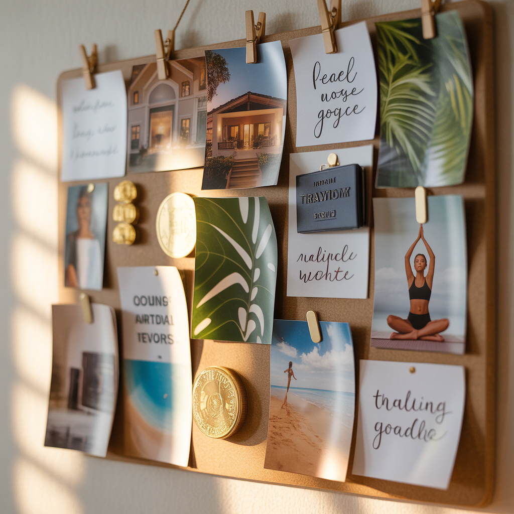 mural de intenções em tecido de linho com lavanda seca flores brancas afirmações escritas à mão cristal ametista folha de sálvia e símbolo lunar dourado representando o mural de intenções como ferramenta espiritual focada em estados emocionais e intenções de transformação interna