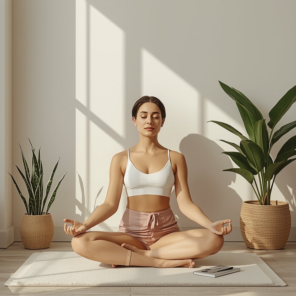 Pessoa praticando respiração 4-7-8 em sala iluminada e tranquila, promovendo relaxamento e equilíbrio