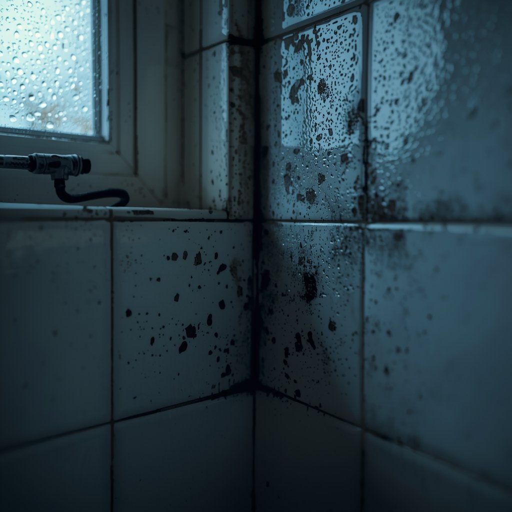canto de banheiro com manchas escuras de mofo visíveis no rejunte branco e condensação na janela representando as condições de umidade e falta de ventilação que causam o surgimento do mofo em casa