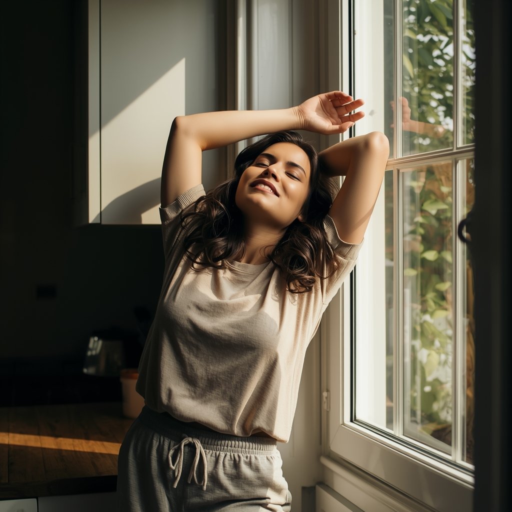 ulher alongando os braços para cima com expressão de alívio junto a janela iluminada representando a pausa correta e restauradora entre os ciclos da técnica pomodoro