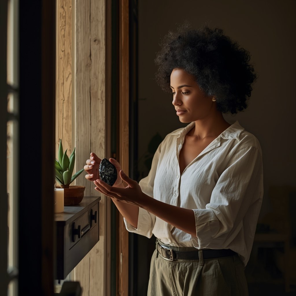 mulher posicionando cristal de turmalina negra ao lado da porta de entrada sobre prateleira de madeira com planta e vela representando proteção energética e energia positiva em casa