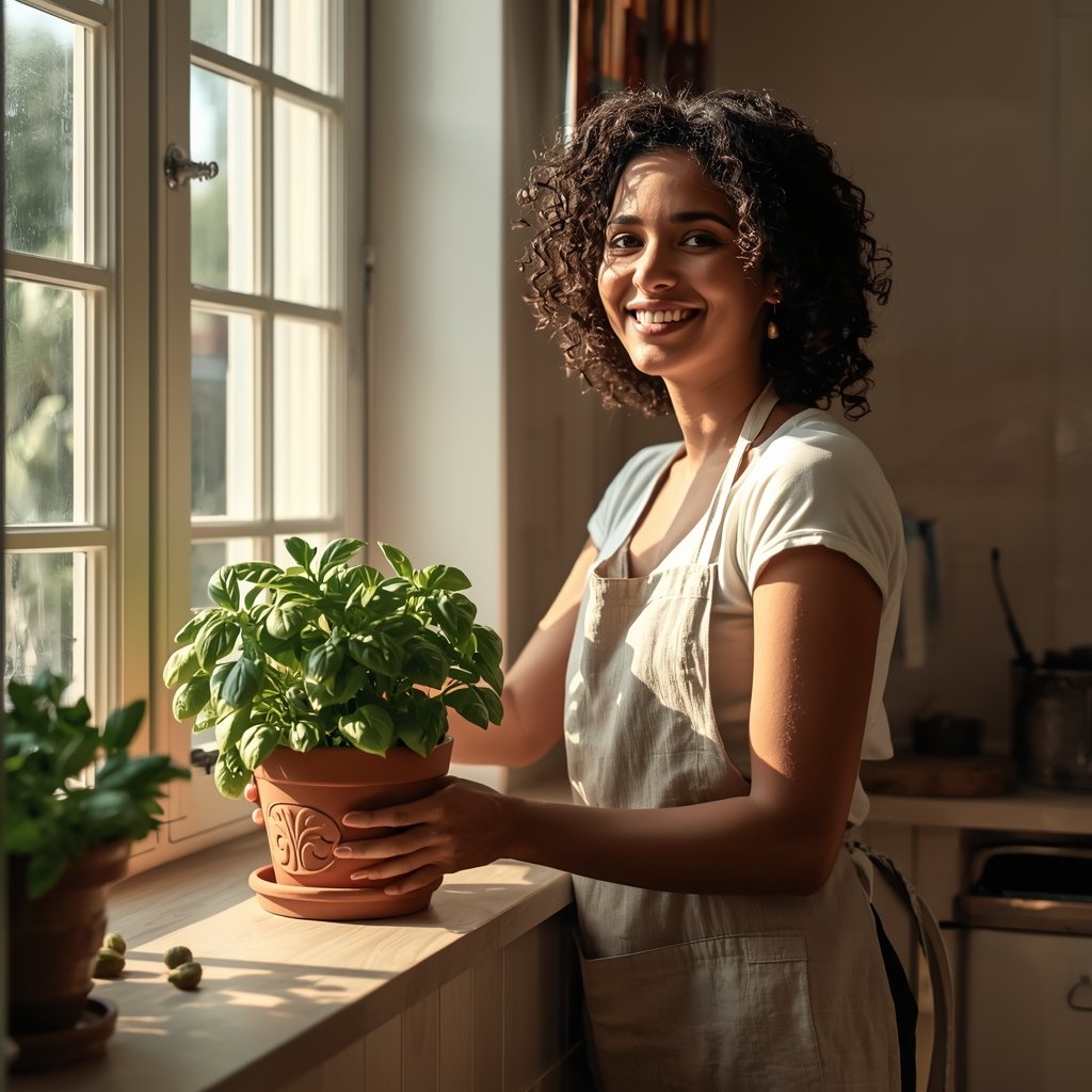 mulher brasileira cuidando de planta de manjericão saudável em vaso de cerâmica na janela da cozinha ensolarada com expressão alegre representando manjericão para atrair prosperidade e purificar a casa