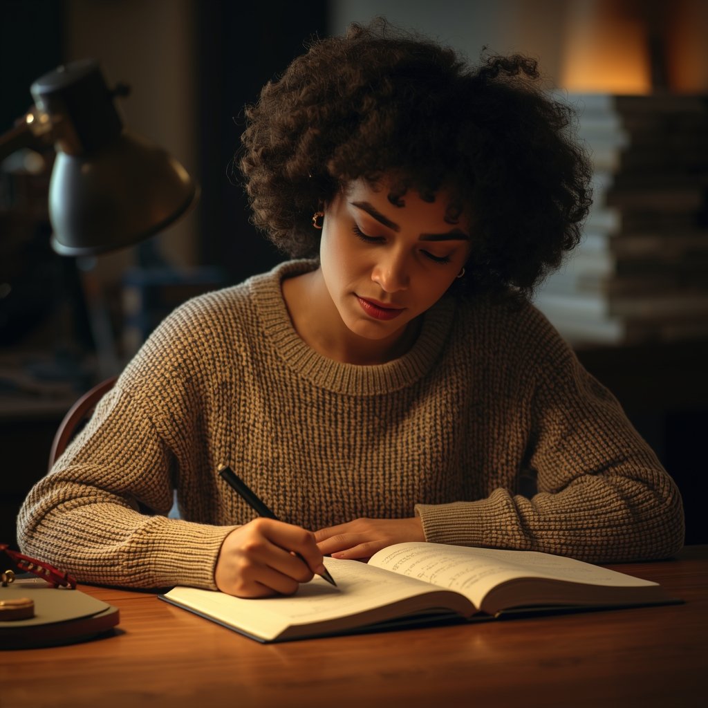 mulher estudando com livro aberto caderno caneta e timer vermelho ao lado representando uso da técnica pomodoro para estudos com mais foco e retenção de conteúdo