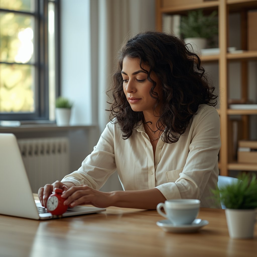 mulher brasileira olhando para timer vermelho em mesa de home office organizada com expressão focada e confiante representando a técnica pomodoro para produtividade