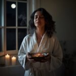 mulher brasileira de roupão branco segurando tigela com pétalas e ervas junto a janela com luz da lua cheia e velas acesas representando ritual de banho de lua cheia para renovação e energia positiva